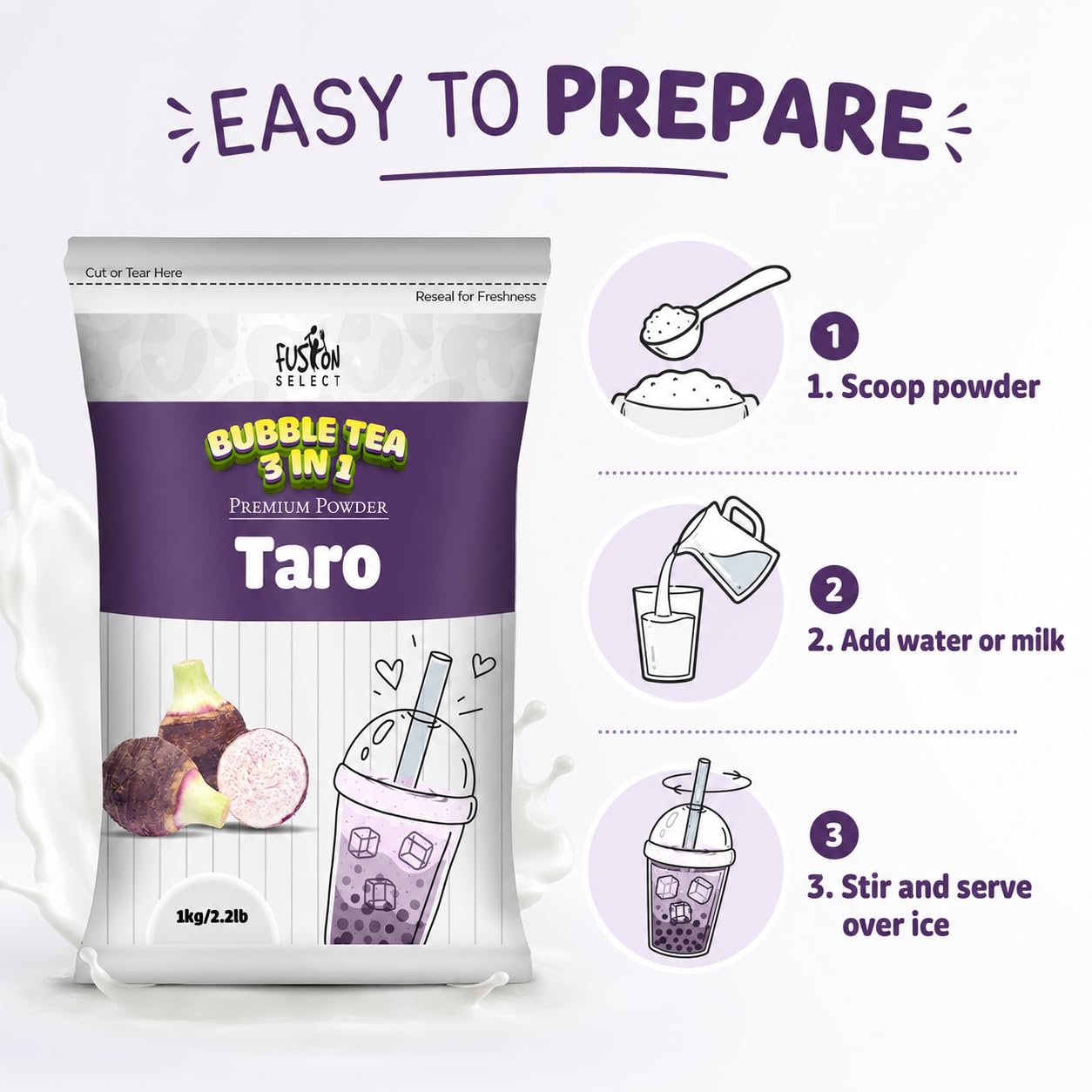 Fusion Select 2.2lb Taro Milk Tea Powder - Instant 3-in-1 Drink Mix with Cream & Sugar for Hot or Cold Blends or Frappes