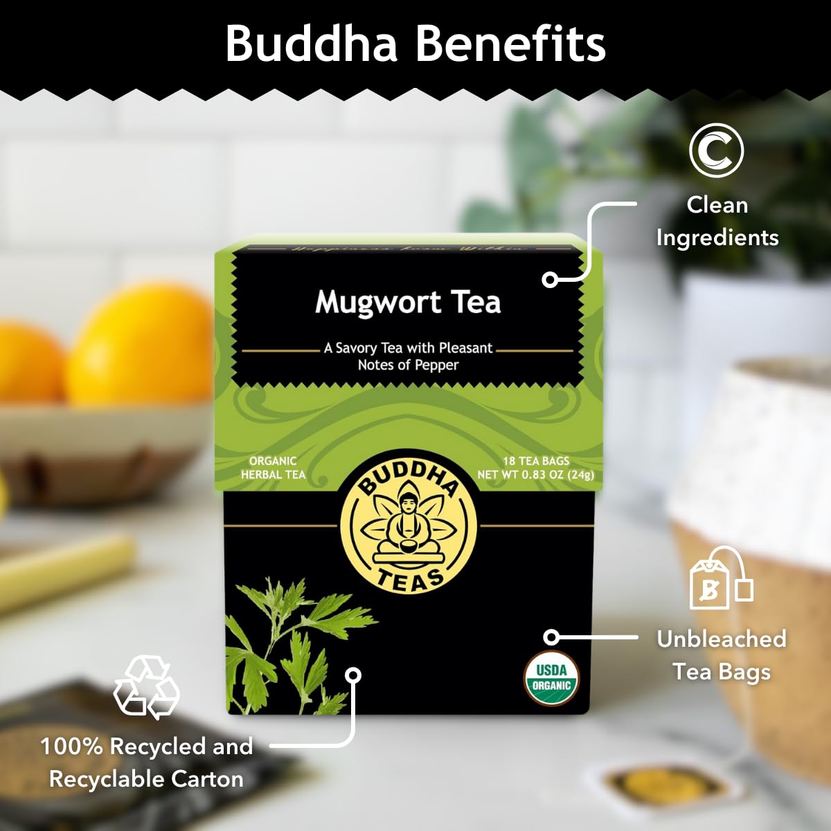 Buddha Teas Organic Mugwort Tea - Herbal Tea, Microplastic & Caffeine Free