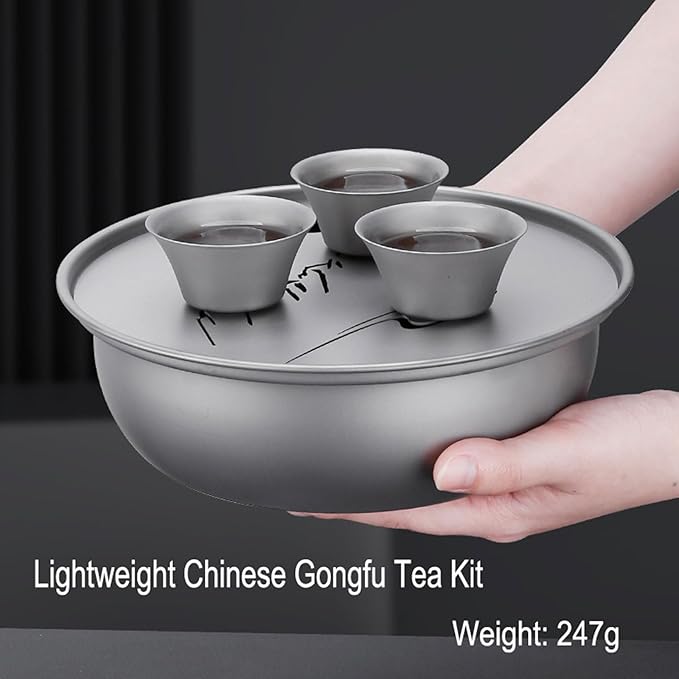 Portable Titanium Tea Set Lightweight 130ml Gaiwan & 4 Mini Teacups Storage Water Tea Tray Outdoor Picnic Hiking Chinese Gongfu Tea Kit Storage Bag