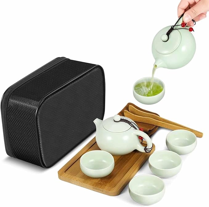 Flexzion Chinese Japanese Vintage Kungfu Gongfu Tea Set Portable Travel Teapot, (Jade Green Celadon/Greenware) Porcelain Ceramic Tea Pot, 4 Tea Cup, Bamboo Tea Tray, Tea Mat, Portable Travel Bag