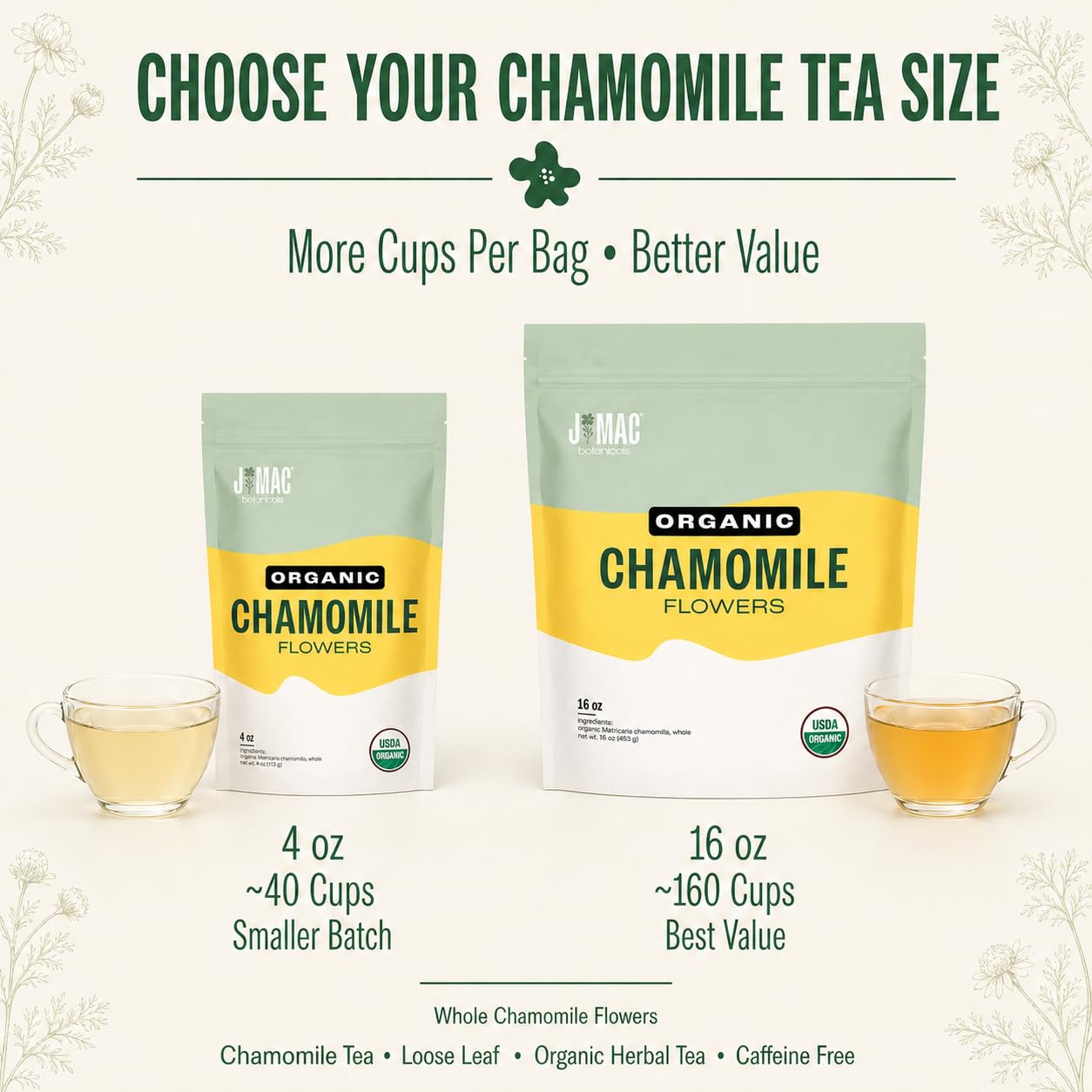 J Mac Botanicals Organic Chamomile Flowers (16 oz) – Whole Egyptian Chamomile Loose Leaf Herbal Tea, Caffeine-Free, Premium Dried Chamomile Flowers for Tea, Baths &amp; Blends