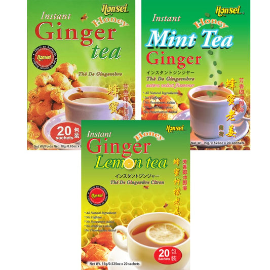 Honsei Ginger Honey, Mint, and Lemon Tea Set, 20 Sachets Each Flavor