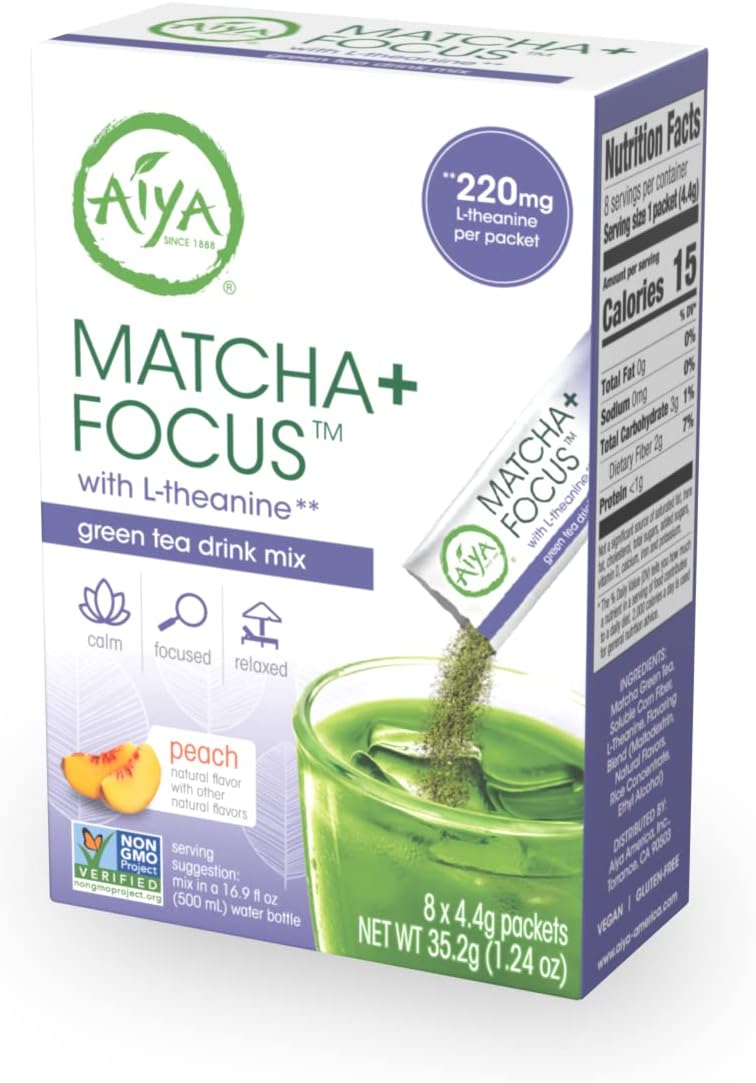 Aiya Matcha+ Focus™ - Peach Flavored Matcha Drink Mix with L-Theanine - 220mg L-Theanine - Natural Focus Booster - Premium Japanese Matcha Green Tea Powder - 8 Sticks