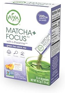 Aiya Matcha+ Focus™ - Peach Flavored Matcha Drink Mix with L-Theanine - 220mg L-Theanine - Natural Focus Booster - Premium Japanese Matcha Green Tea Powder - 8 Sticks