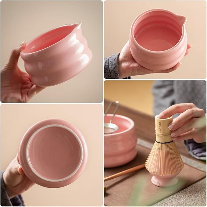 Matcha Whisk Set - Ceramic Bowl, Bamboo Whisk with Holder, Storage Canister, Sifter, Schima Spoon with Rest, Tea Towel