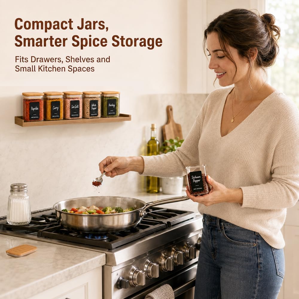 ComSaf Glass Spice Jars 8oz Set of 6, Seasoning Containers with 9 Labels | Small Glass Jars with Labels, Empty Rectangle Canisters, Spice Rack Organization, Loose Tea, Herb, Powder, Dry Good, BPA Free