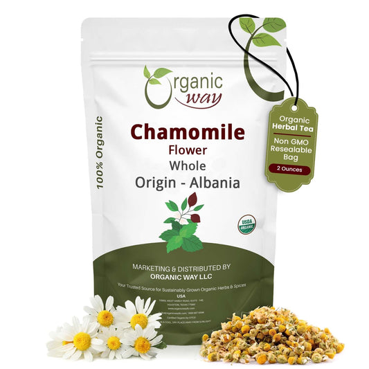 Organic Way Chamomile Flower Whole - Herbal Tea (2 Ounce) | Matricaria chamomilla botanical herb, European Wild-Harvest USDA Organic and Kosher Certified; Non-GMO Origin Albania