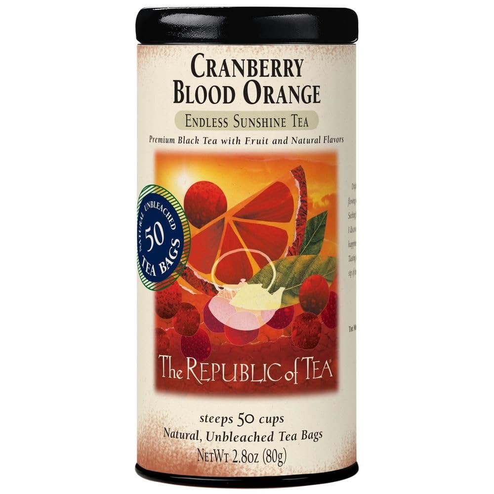 The Republic of Tea Cranberry Blood Orange Black Tea, 50 Count | Naturally Caffeinated. Made for morning or afternoon . Brisk and full-bodied with notes of juicy fruit and lively citrus.
