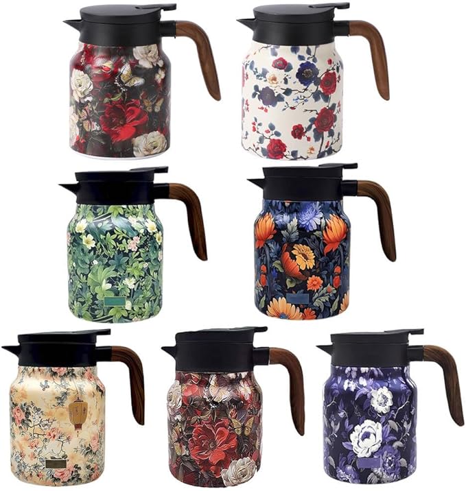 Vintage Floral Pattern Tea Pots – Built-in Infuser,Vintage Floral Teapot with Built In Infuser Stainless Steel Thermal Carafe with Lid for Hot Drinks