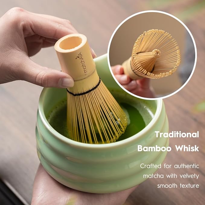 Matcha Whisk Set - Ceramic Bowl, Bamboo Whisk with Holder, Sifter, Schima Spoon, Spoon Rest and Tea Towel