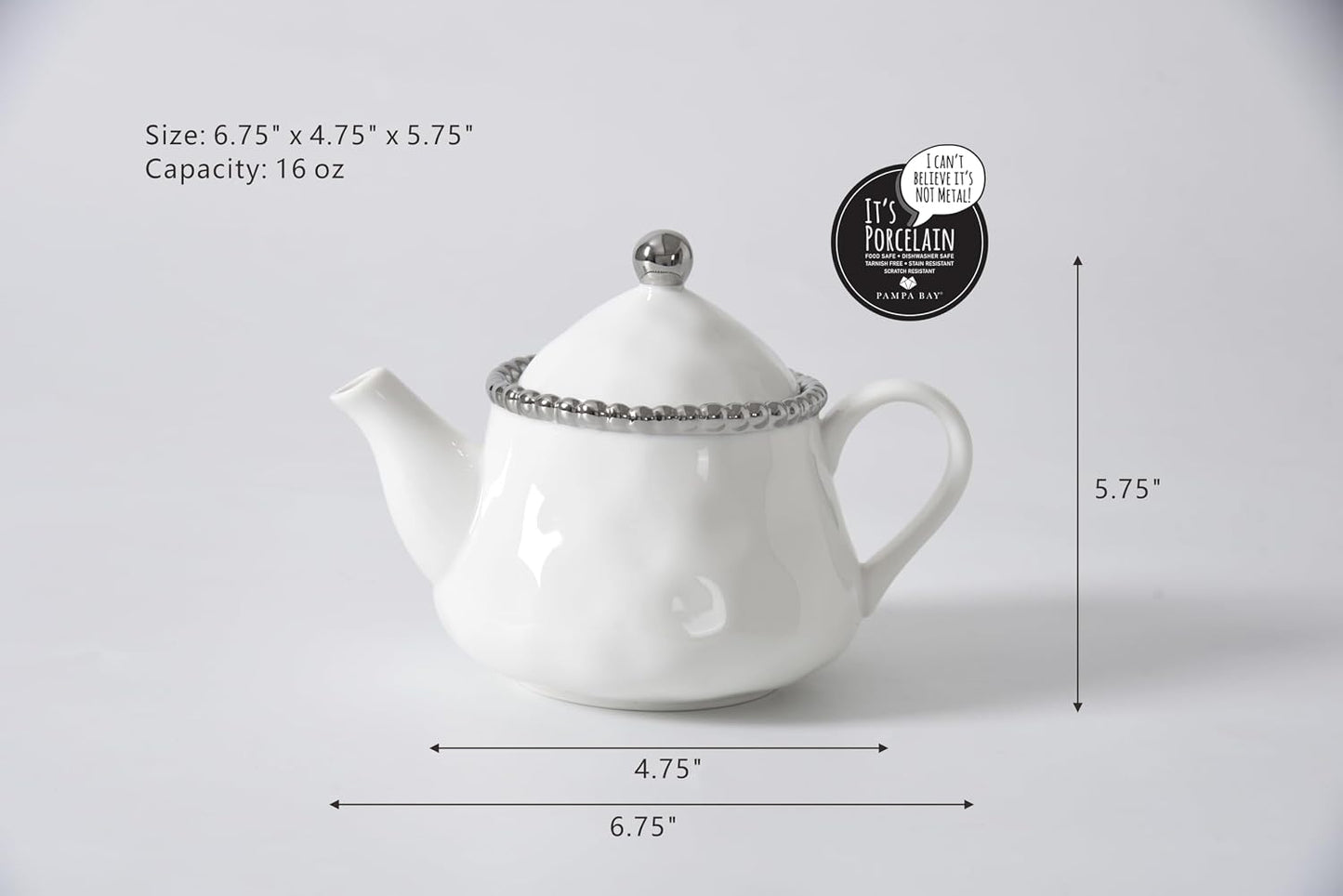 Pampa Bay Salerno Tea Pot with Cover, 16 oz, 6.75 × 4.75 × 5.75 inches