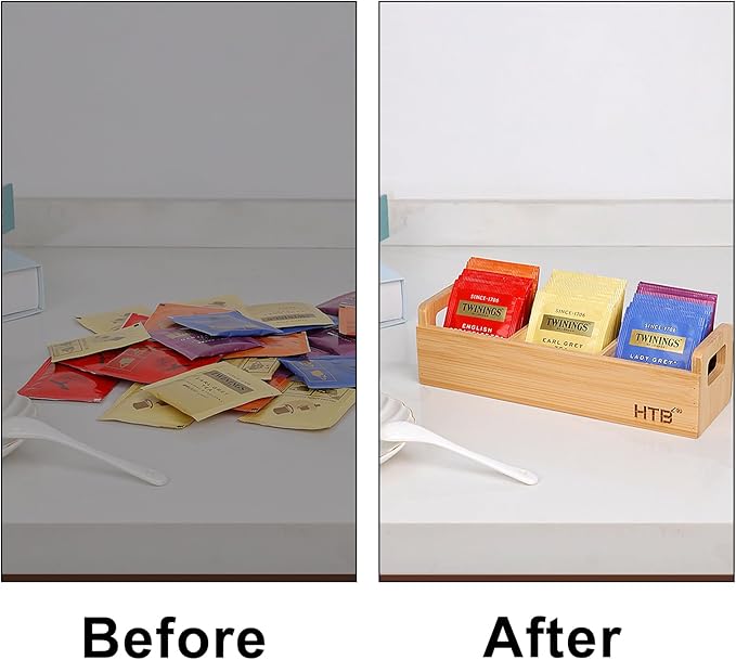 HTB Small Tea Bag Holder, Bamboo Tea Organizer 3 Compartments for Beverage Suppliers, Sugar, Sweeteners, Individual Packets, Portable Tea Bag Organizer for Home Kitchen Counter or Office