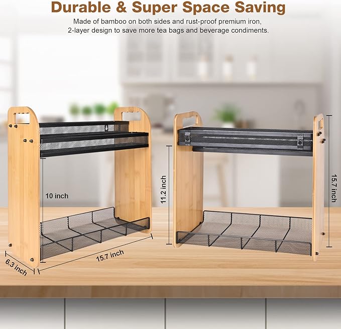 Tea Bag Organizer, Large Capacity Tea Organizer for Tea Bags, Bamboo Multi-functional Storage Coffee Bar Accessories for Home Office Kitchen Counter