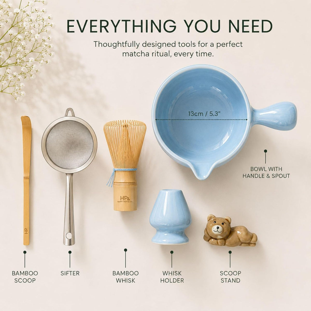 HAPPY PATH &amp; CO Patented Matcha Bowl Set with Handle &amp; Spout - Spill-Free Pouring | Complete Matcha Set for Beginners | Includes Bamboo Whisk, Scoop &amp; Stand (Sky Bear - Pastel Blue)