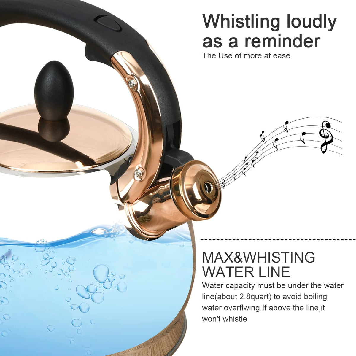 LUXGRACE Stainless Steel Whistling Tea Kettle with Metal Capsulated Bottom for Quick Heat Distribution 2.8 Quart