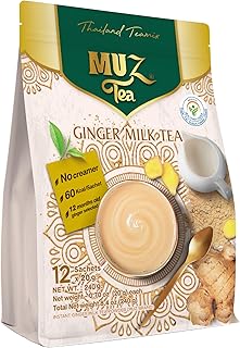 MUZ Tea Premium Instant Ginger Tea with Real Milk, Coconut Blossom Sugar & Ginger Powder, Low GI, No Creamers, 75 Calories, Thai Milk Tea Powder Mix – 12 Sachets, Just Add Water