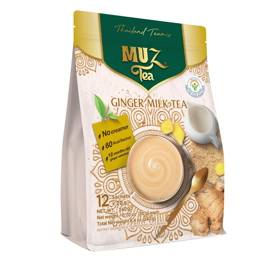 MUZ Tea Premium Instant Ginger Tea with Real Milk, Coconut Blossom Sugar & Ginger Powder, Low GI, No Creamers, 75 Calories, Thai Milk Tea Powder Mix – 12 Sachets, Just Add Water