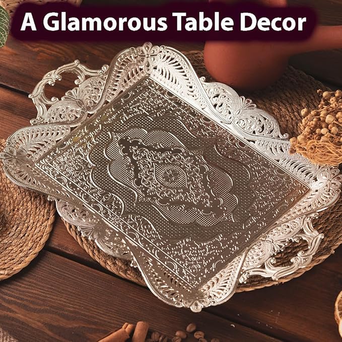 Silver Metal Turkish Coffee Tea Serving Tray Table Decor Decorative Handle Rectangular Home Kitchen Brass Style Fancy Antique Silver Vintage Outdoor