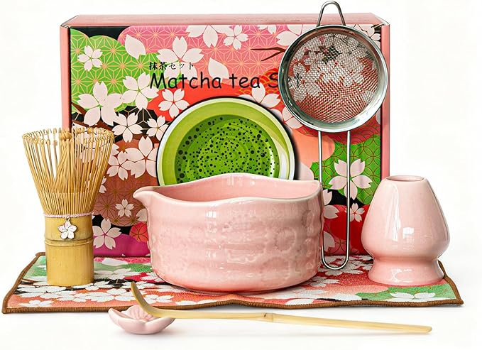 Matcha Whisk Set––7pcs Japanese Matcha Set Kit with Matcha Bowl, Bamboo Whisk, Whisk Holder, Scoop, 