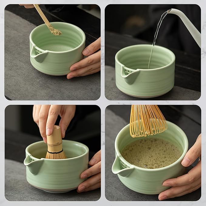 Handmade Ceramic Matcha Bowl Set with Spout & Whisk Holder - Traditional Chasen Tea Whisk Ritual Kit, Gift-Ready Chawan for Matcha Lovers (Green)