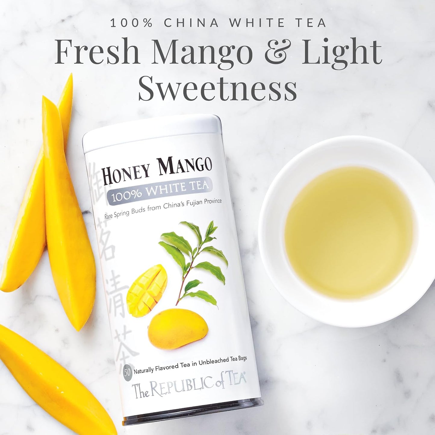 The Republic of Tea Honey Mango 100% White Tea, Low Caffeine, 50 Count | A gentle cup for everyday sipping. Delicate and smooth with notes of juicy fruit. Gluten Free and Carb Free.