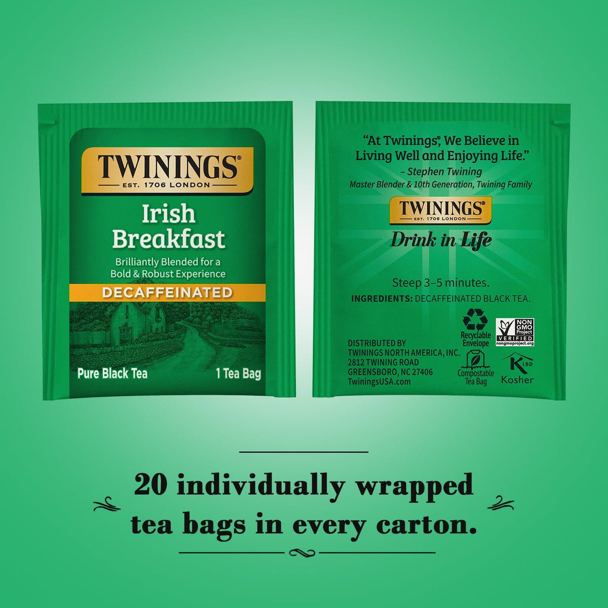 Twinings Irish Breakfast Decaf Black Tea 2-Pack, 20 Count Ea