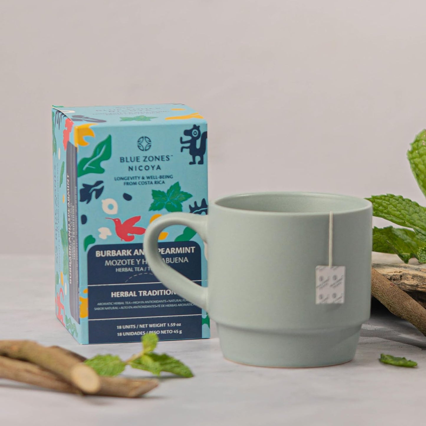 Blue Zones Nicoya Burbark &amp; Spearmint Herbal Tea Pack of 18 (1.6oz/45g)