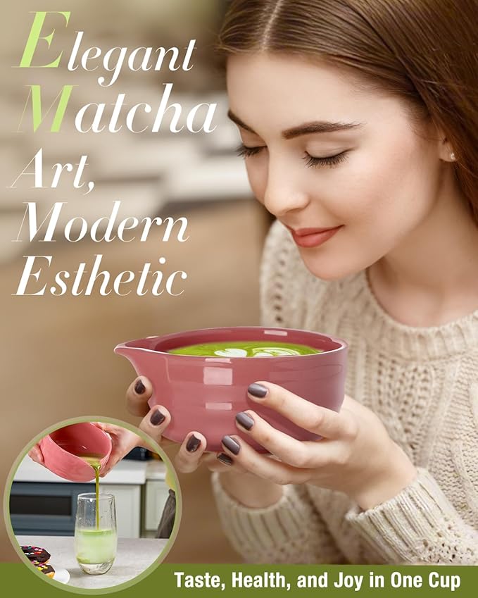 5PCS Pink Matcha Set - 17OZ Ceremonial Bowl with Spout, Bamboo Whisk (Chasen), Stainless Sifter, Scoop & Holder, Matcha Kit for Matcha Lovers, Pink