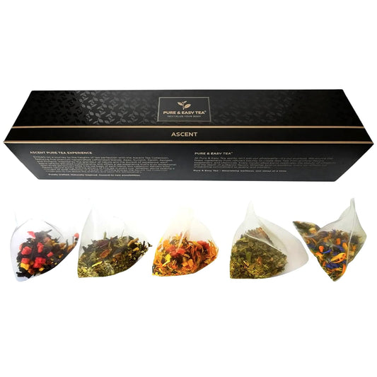 Pure And Easy Tea, Ascent Premium Tea Flight Sampler, 15-Count Whole-Leaf Variety of Naturally Caffeinated Blends, Designed for Focus &amp; Clean Energy, BPA-Free Pyramid Tea Bags, Gift Box (52.5g)