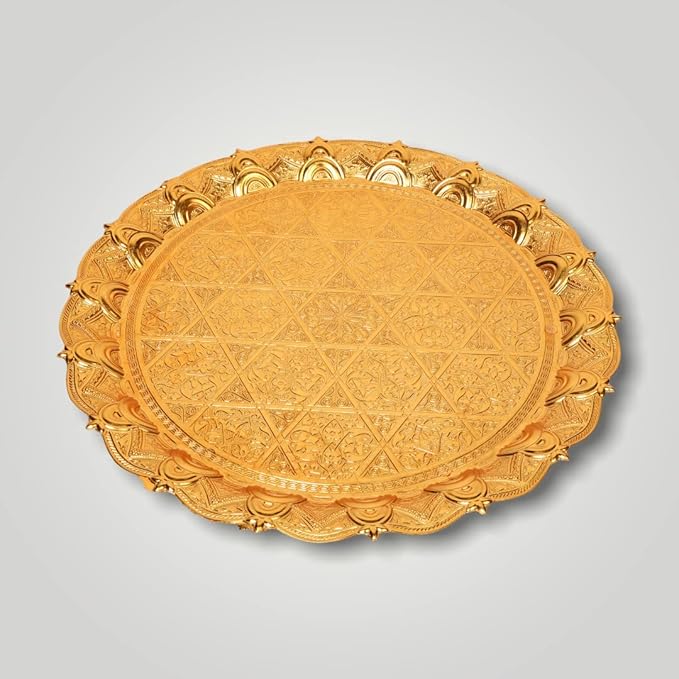 Alisveristime Turkish Ottoman Coffee Tea Beverage Serving Zamac Tray (34cm - 13,38inch) (750 Gram - 1,65 pounds) (Gold)