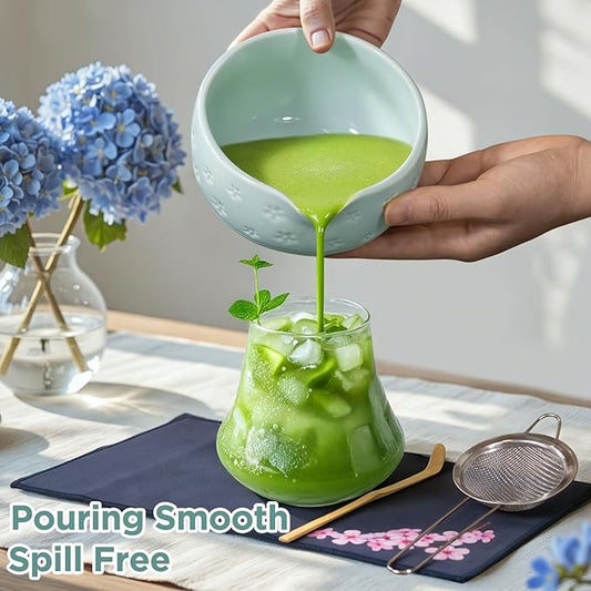 AANQQ Matcha Whisk Set: 7-PCS Matcha Set Whisk & Bowl Kit - 19OZ/560ml Ceramic Matcha Bowl with Spout - Matcha Starter Making Kit Ceremony Gift for Japanese Tea Lovers/Kitchen/Office (Blue)