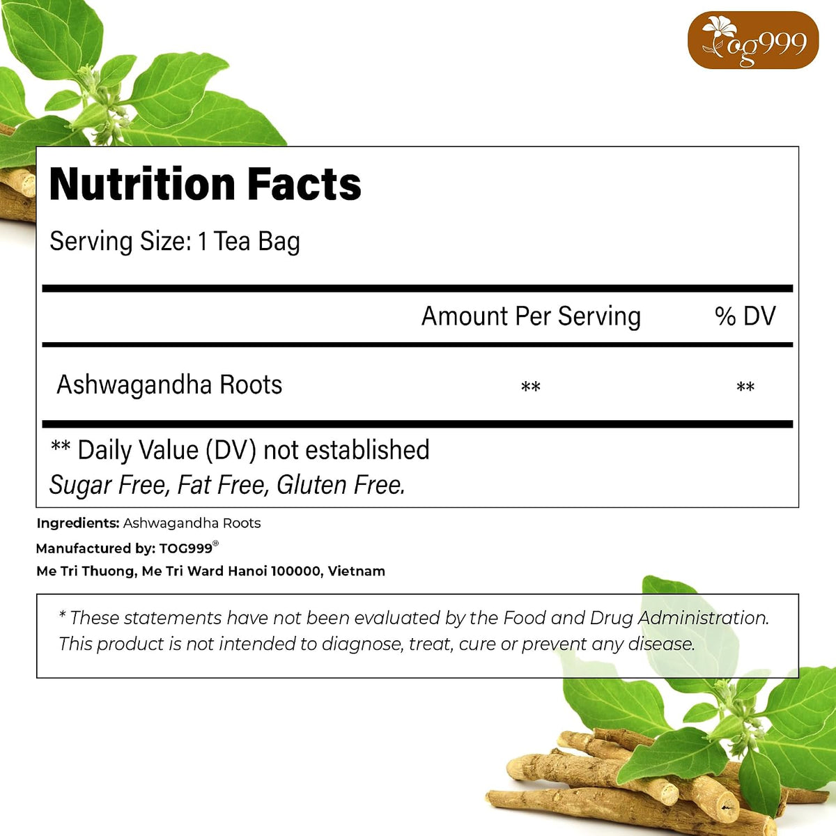 TOG999 Premium Ashwagandha Tea Bags