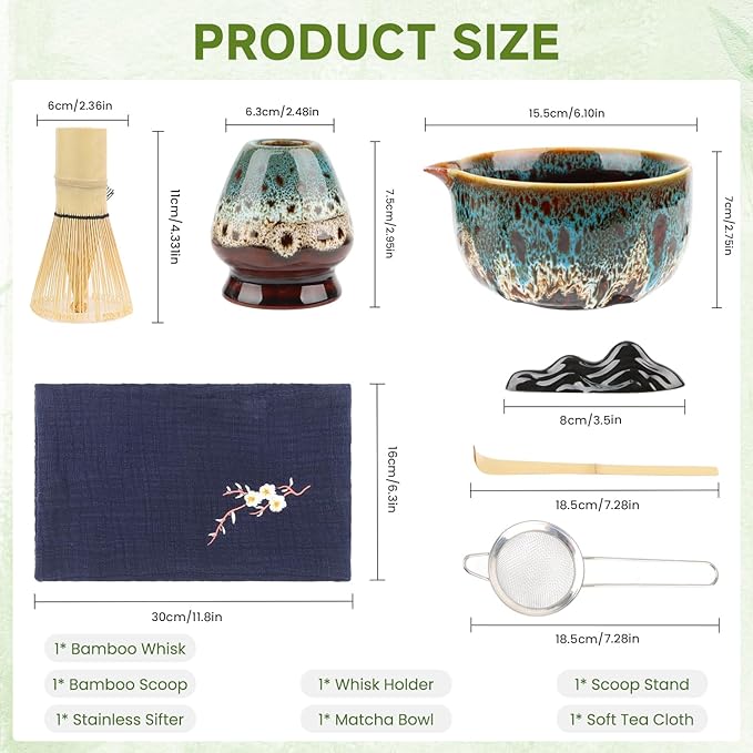 7-Pcs Matcha Whisk Set, Ceramic Matcha Set, Includes Matcha Bowl, Matcha Whisk, Chasen Holder, Bamboo Scoop, Scoop Rest, Stainless Sifter, Tea Towel