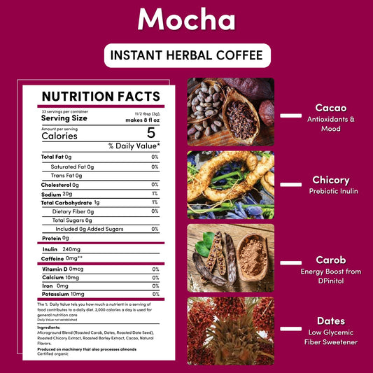 Teeccino Instant Organic Mocha Herbal Coffee - 33 servings – Instant Chicory Coffee Alternative with Lush Chocolate Slightly Sweetened by Dates That’s Prebiotic, Caffeine-Free - 3.53 Ounces