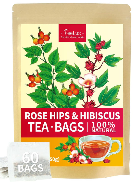 TeeLux Rosehip &amp; Hibiscus Tea Bags, Tart &amp; Fruity Taste, 60 Count | Rosehip &amp; Hibiscus Blend Herbal Tea, Caffeine Free, Sugar Free, Enjoy Hot or Iced