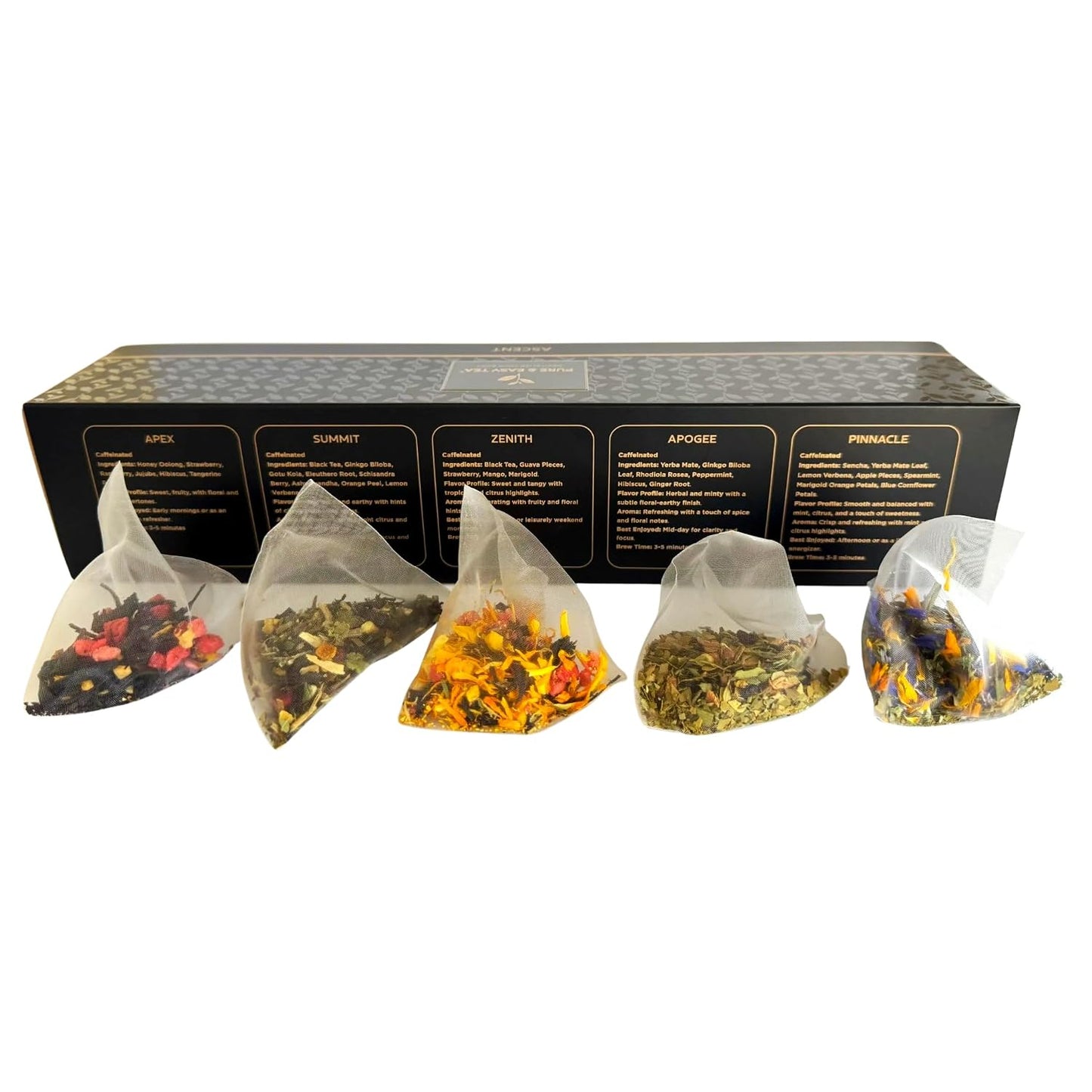Pure And Easy Tea, Ascent Premium Tea Flight Sampler, 15-Count Whole-Leaf Variety of Naturally Caffeinated Blends, Designed for Focus &amp; Clean Energy, BPA-Free Pyramid Tea Bags, Gift Box (52.5g)