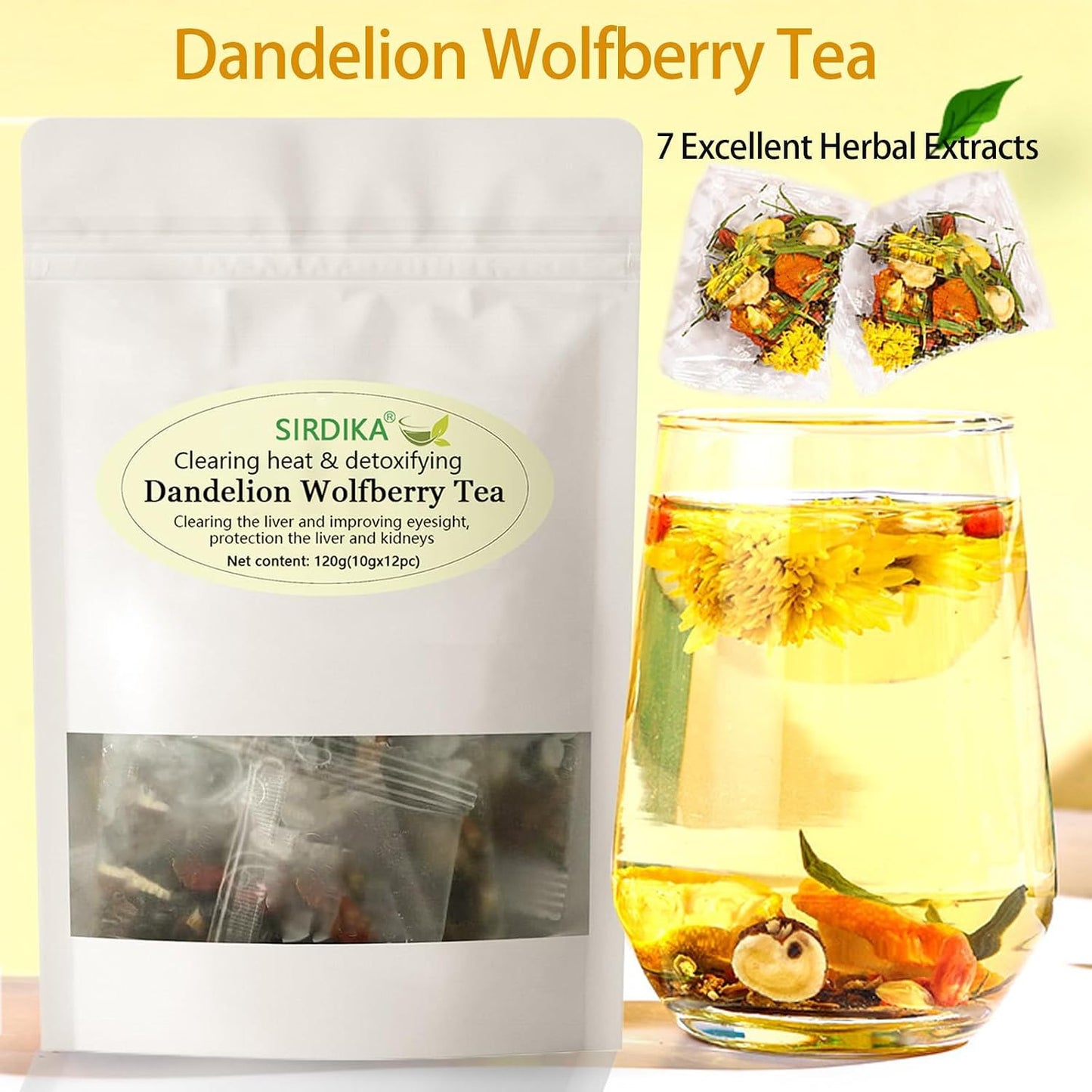 Dandelion Wolfberry Tea - Kidneys &amp; Liver Health Tea, Seven Herbal Ingredients Natural Blend, Dandelion Herbal Tea Bags Organic 120g/12PC (1Bag(12Pcs))