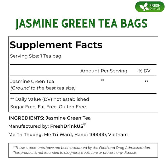 FreshDrinkUS, Premium 75 Jasmine Green Tea Bags. Natural & Pure. Herbal, Vegan. No Sugar, No Gluten. Made with Natural Material Tea Bags.