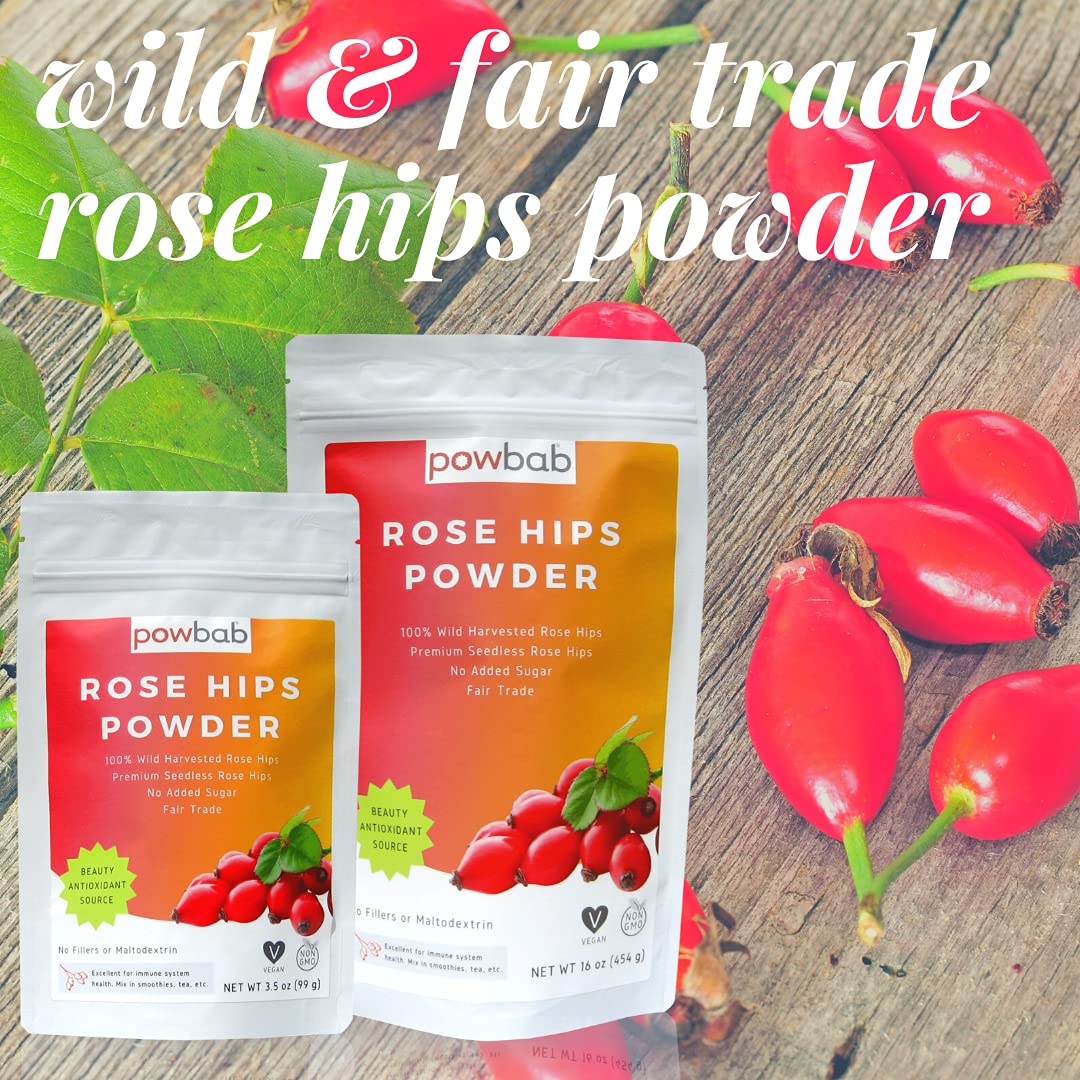 powbab Rose Hips Powder from 100% Wild Organic Rosehip. Premium Rosa Rubiginosa. Seedless Ground Rosehips from Whole Dried