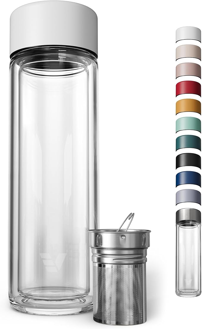 Glass Multi Tea Infuser Bottle 14oz - Double Wall Borosilicate Glass Flask | No Plastic Touches Cont