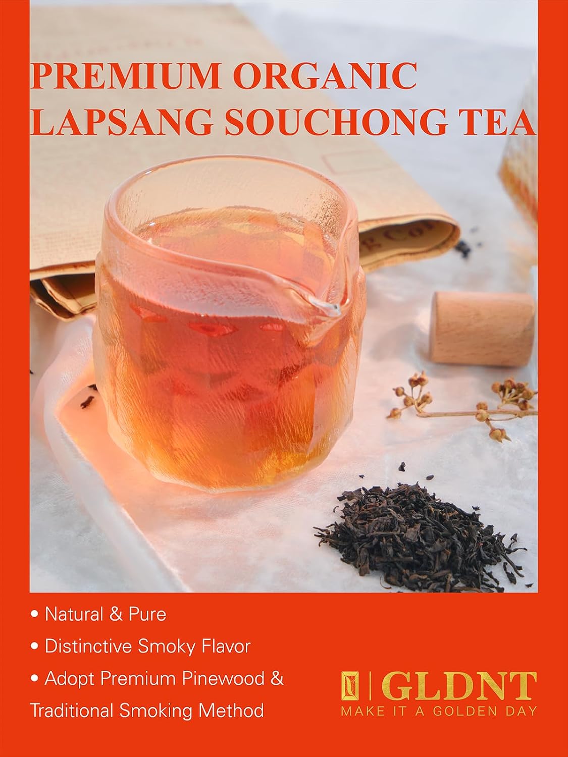 GLDNT Organic Lapsang Souchong Tea, Chinese Smoked Black Tea Loose Leaf 7oz | Rich Smoky Aroma, Full-Bodied &amp; Smooth Flavor, Caffeinated, Gluten Free, Hot or Iced, Resealable Foil-Lined Bag