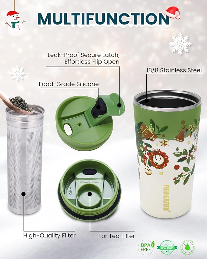 GiNT 17oz Christmas Tea Cup with Infuser and Lid - 4D Gold Foil Pattern (Bells & Holly)