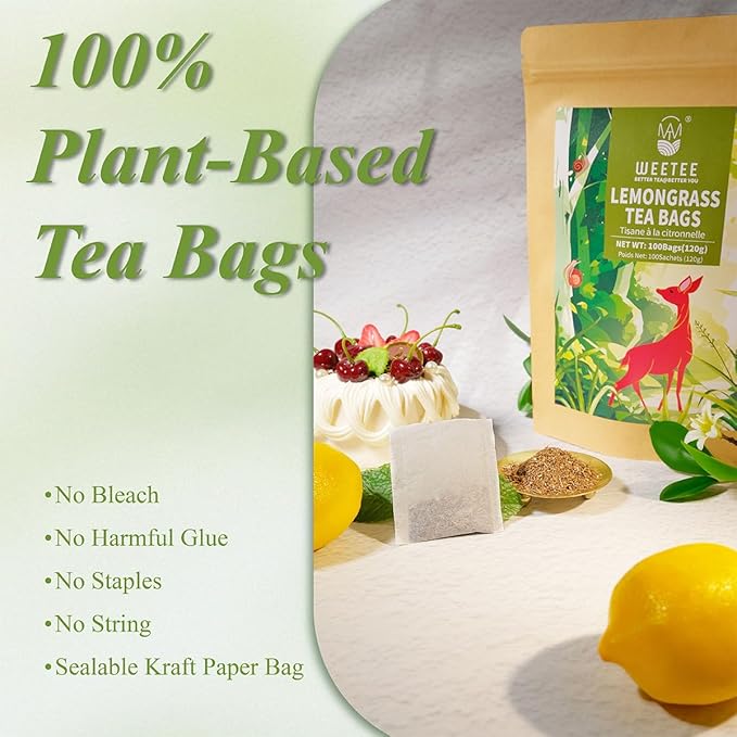 WT Weetee Lemongrass Tea Bags, 100 Count Pure Lemon Grass Leaves Tea Bags, Natural Caffeine Free Herbal Tea