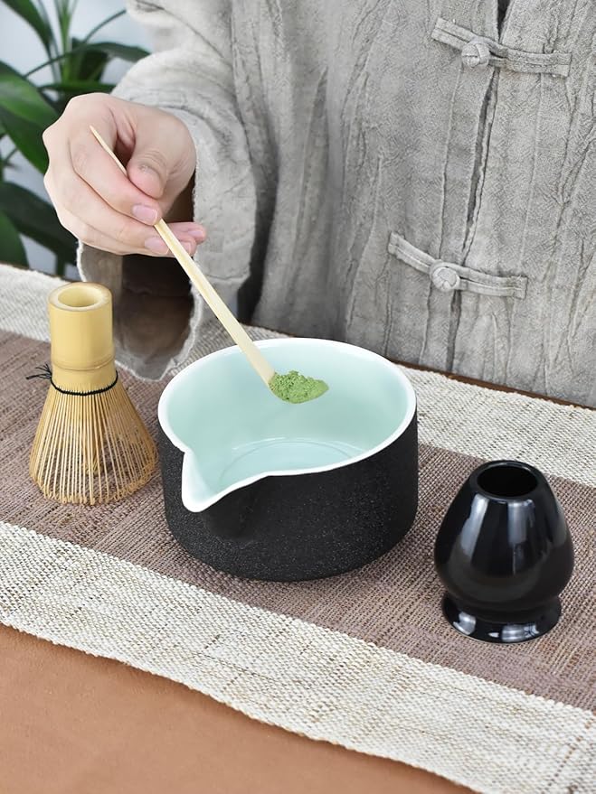 Artcome Premium Matcha Tool Set Black, Includes Matcha Bowl with Spout, Whisk, Holder, Scoop & Manual