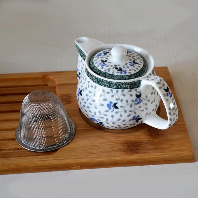 Small Porcelain Teapot, 9oz Tea Pot with Stainless Steel Filter Removable (Flower)