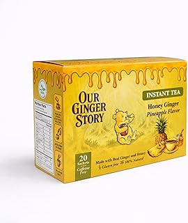 Premium Honey Ginger Instant Tea Crystals, Pineapple Flavor, 20 Sachets, Real Ginger, Real Honey, Pure Cane Sugar, Caffeine Free, Hot Or Cold Single Serve Drink Mix