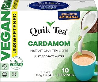 QuikTea Vegan Cardamom Unsweetened Chai Tea Latte – 10 Count, Bold Cardamom Flavor, Naturally Caffeine-Light, no preservatives, No Sugar Added – Just Add Hot Water