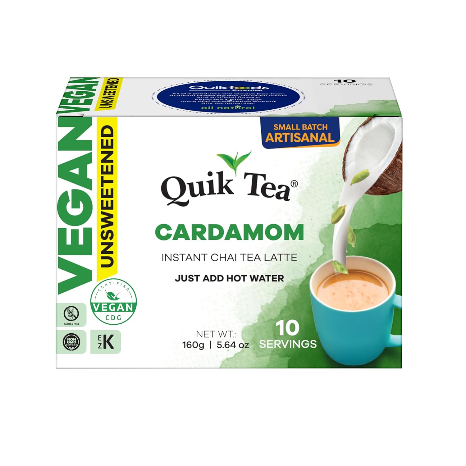 QuikTea Vegan Cardamom Unsweetened Chai Tea Latte – 10 Count, Bold Cardamom Flavor, Naturally Caffeine-Light, no preservatives, No Sugar Added – Just Add Hot Water