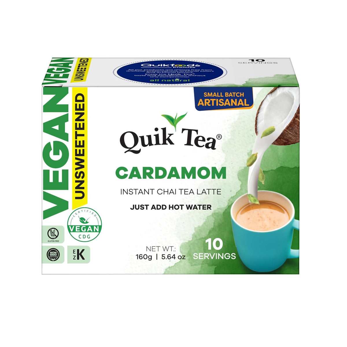 QuikTea Vegan Cardamom Unsweetened Chai Tea Latte – 10 Count, Bold Cardamom Flavor, Naturally Caffeine-Light, no preservatives, No Sugar Added