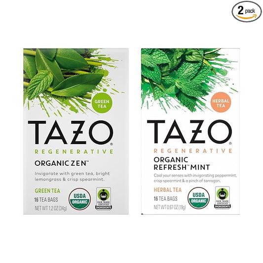 TAZO Tea Bags, Regenerative Organic: Refresh Mint Herbal Tea, & Zen Green Tea 16 CT (1ea) (Variety Pack)